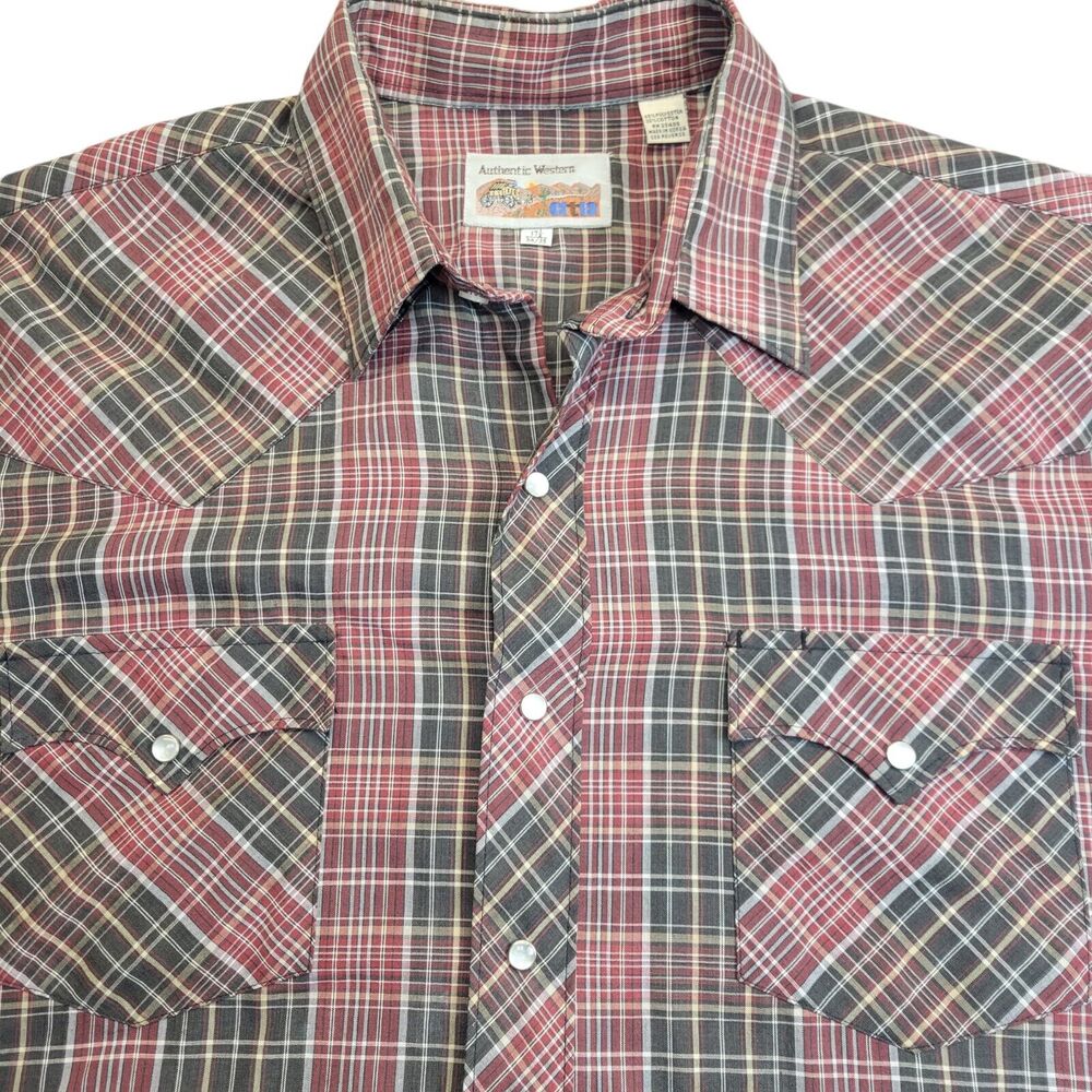 VINTAGE ATB Authentic Western Shirt‎ Plaid Pearl Snap Mens Size 17 34/35 - Picture 3 of 10